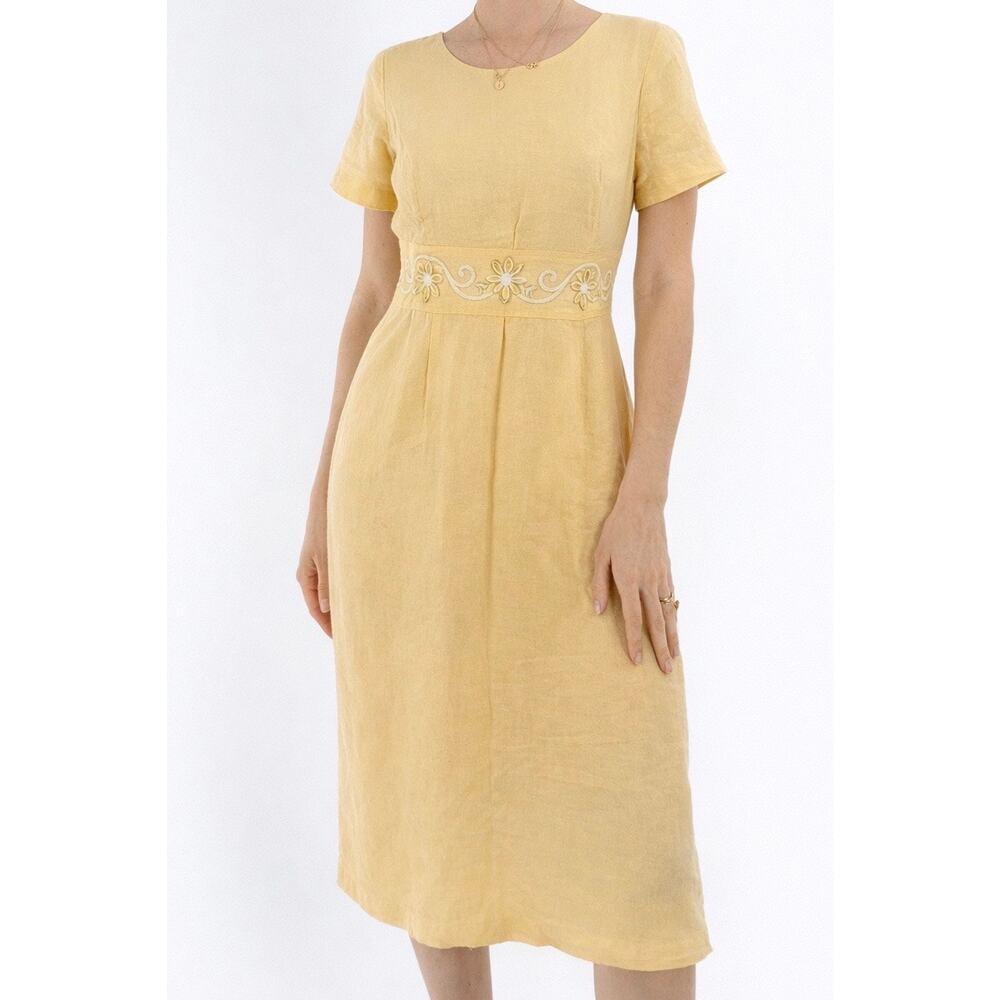 Vintage 90s Plaza South Boho Yellow Linen Blend Embellished Maxi Dress Size 12